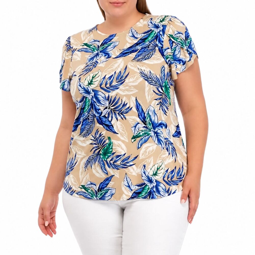 Cupio Short Sleeve Stretch Tropical Leaf Top Size 2X NWOT